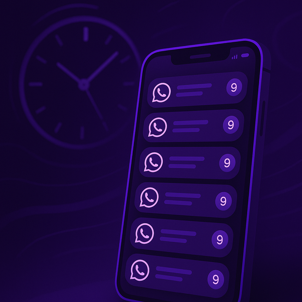 Celular com notificações acumuladas do WhatsApp e relógio simbolizando demora no atendimento